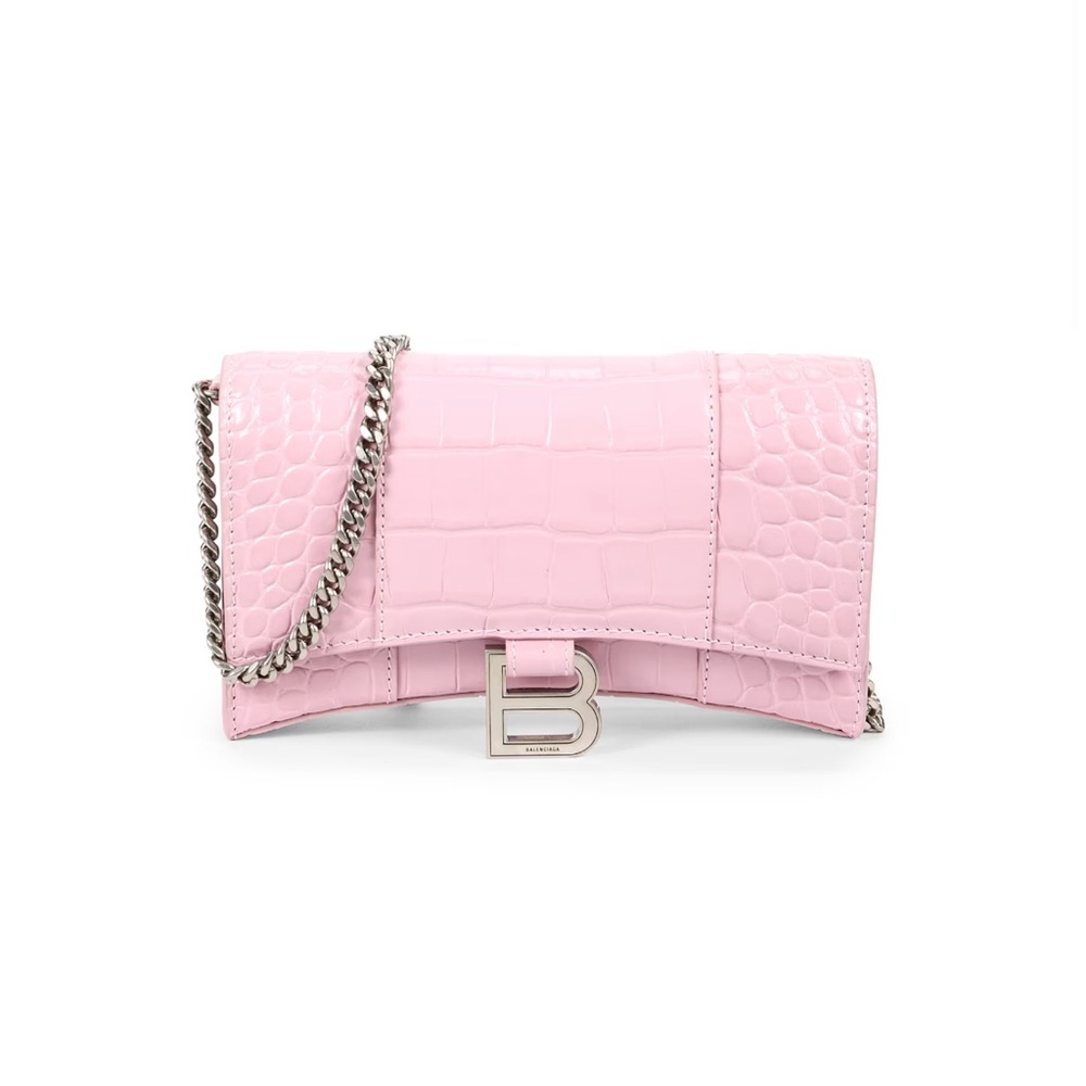 Balenciaga Pink Croc-Embossed Leather Wallet on Chain